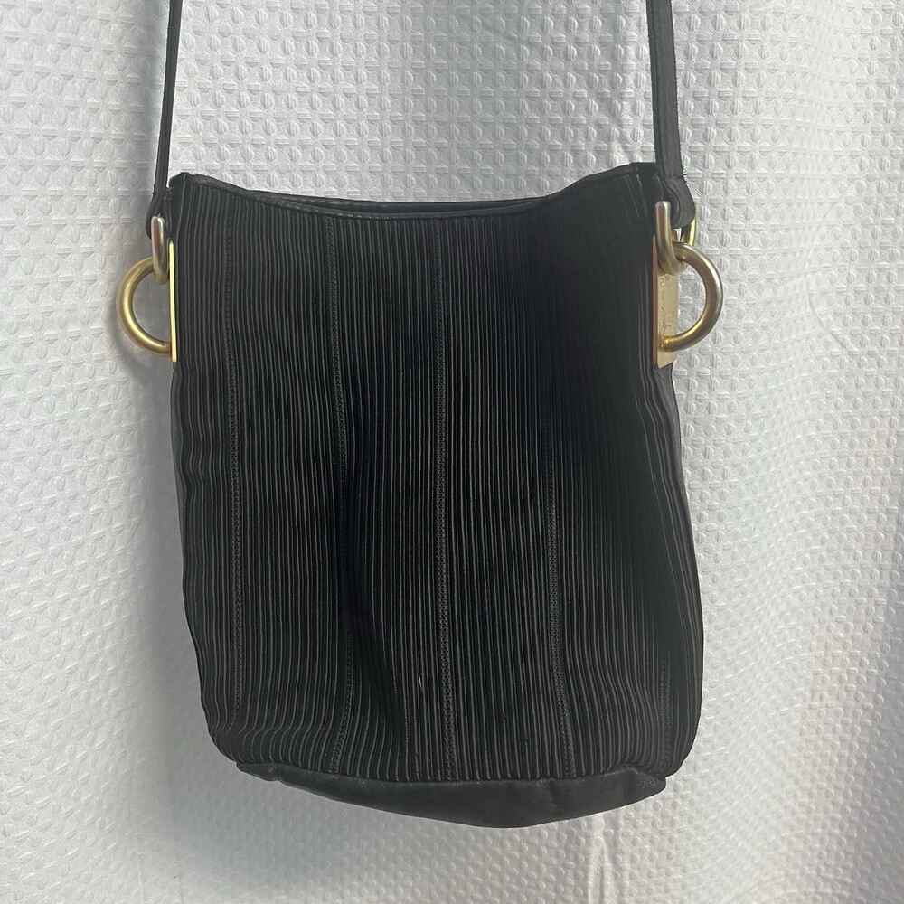 Americana by Sharif Ribbed Nylon & Leather Crossbody Bucket Bag Black Gothic